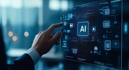 Aufkleber - A hand interacts with a digital interface displaying AI technology symbols