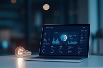 Poster - A laptop with financial analytics displayed on the screen next to an illuminated light bulb, symbolizing innovation and technology in a modern office setting at night.
