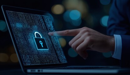 Poster - a person interacting with a futuristic touchscreen, highlighting a digital padlock symbol. represent