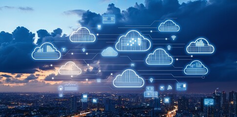 Poster - digital cloud network icons hover over a cityscape at dusk, representing cloud computing, data stora
