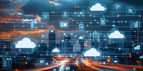 Poster - Futuristic digital cityscape with cloud computing icons representing advanced technology integration in urban environments, illustrating a connected and smart city concept.