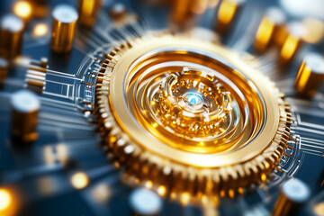 Poster - A detailed depiction of a golden cogwheel set against a circuit board, highlighting technological advancement