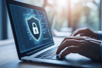 Aufkleber - Hands typing on a laptop keyboard displaying a cybersecurity lock icon on screen. Concept of data protection, digital security, and online privacy in a modern workspace.