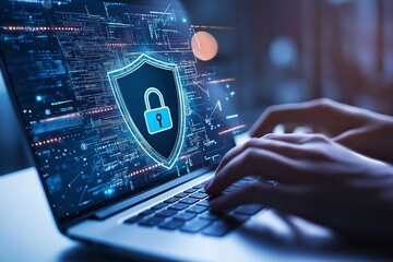 Aufkleber - Hands typing on laptop keyboard with lock symbol hologram representing cybersecurity, data protection, and online privacy, in a digital cyber landscape.