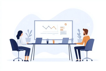 Aufkleber - Illustration of two people in a business meeting analyzing charts on a large screen, focusing on data-driven decision-making in a modern office environment.