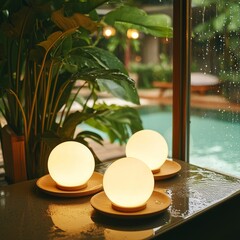 Sticker - Blurry green background with three white ceramic lamps on a windowsill