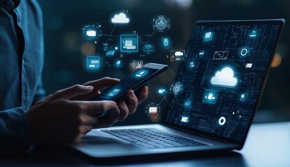 Poster - Person using smartphone and laptop with digital technology icons floating around, symbolizing connectivity and modern communication at night.