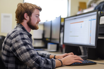 Poster - A young man is diligently working on a computer, displaying a strong focus in a bright, organized office environment