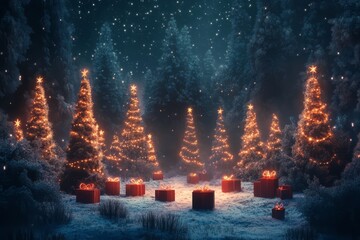 Wall Mural - Illuminated Christmas Trees and Presents in a Snowy Forest at Night