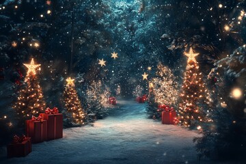 Poster - A Snowy Forest Path Lined with Christmas Trees and Gifts