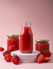 Wall Mural - Strawberry juice in glass bottles