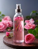 Pink rose water in a bottle