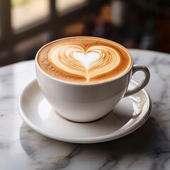 Wall Mural - A steaming cup of cappuccino with a heart-shaped latte art design on a marble table