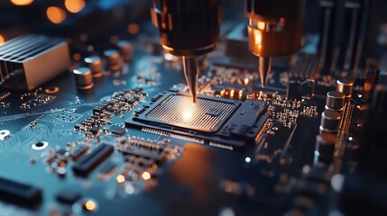 Poster - A close-up of a computer motherboard being developed by engineers, with components being carefully placed and tested.