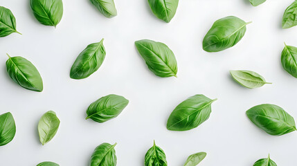 Wall Mural - A flat lay of fresh green basil leaves arranged in a repeating pattern on a white background.