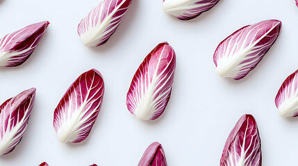 Wall Mural - A flat lay of fresh red chicory leaves arranged in a repeating pattern on a white background.