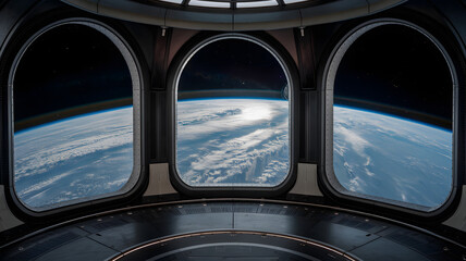 Stunning view of Earth from a spacecraft with three large windows showcasing clouds and blue oceans against a black space backdrop