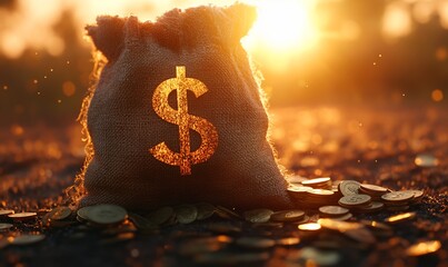 Poster - A burlap money bag with a dollar sign sits on a pile of gold coins in a field at sunset.