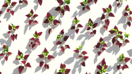 Wall Mural - A flat lay of red and green leaves arranged in a repeating pattern on a white background.