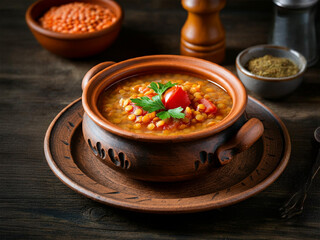 Turkish red lentil soup with red lentils, tomatoes, and spices in a bowl.