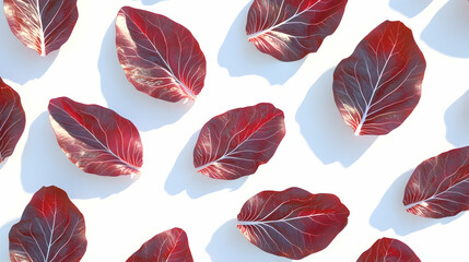 Wall Mural - A flat lay of vibrant red leaves with shadows, arranged in a repeating pattern on a white background.