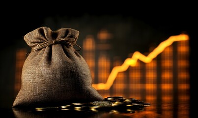Poster - A burlap sack filled with gold coins sits in front of a glowing graph.