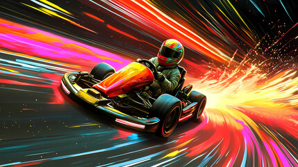 Wall Mural - A dynamic and vibrant illustration of a go-kart racer speeding on a track with bright neon light trails emphasizing motion and high-speed racing. Vibrant. Illustration