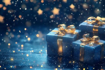 Wall Mural - Blue Gift Boxes With Golden Ribbon and Sparkling Lights