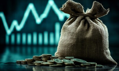 Poster - A burlap sack of money sits on a table in front of a financial chart.