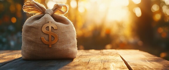 Poster - A burlap sack with a dollar sign sitting on a wooden table with a blurred background of a sunset.