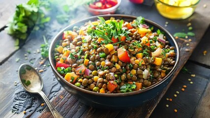 Wall Mural - Colorful lentil salad with pumpkin and herbs in a rustic bowl on a wooden table, perfect for a healthy meal