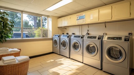 Poster - A clean and bright laundry room with four washing machines.  There are two baskets of white towels in the foreground and a large window in the background.