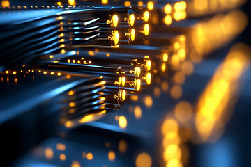 Poster - Fiber optic cables emit a warm glow in a dark setting, highlighting their intricate design and advanced technology