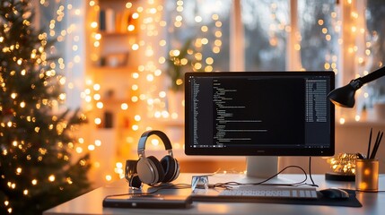 Poster - A computer monitor with code on the screen sits on a desk with headphones, a keyboard, and a mouse. There is a Christmas tree in the background with lights strung on it.