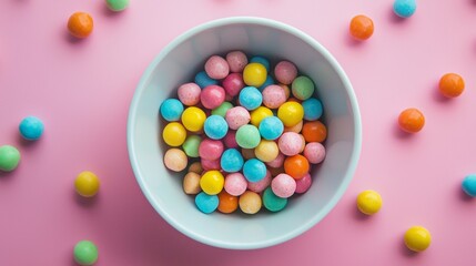 Wall Mural - Bowl of colorful candy balls on pastel pink background