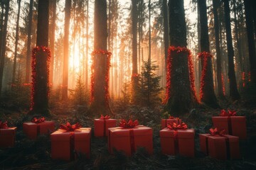 Canvas Print - Christmas gifts hidden in a misty forest at sunrise.