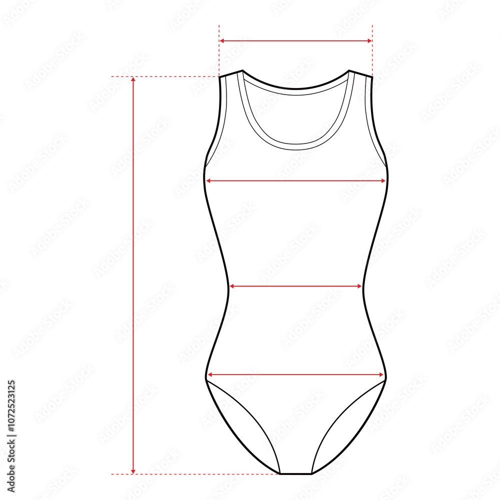 OnePiece Swimsuit Technical Drawing with Measurement Points and Size