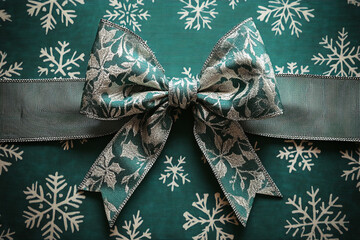 Green and white snowflake pattern background adorned with a silver bow.