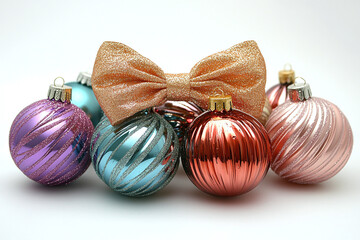 White background with colorful Christmas ornaments featuring a shiny gold bow.