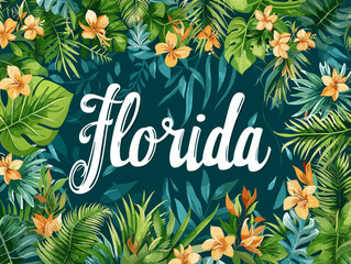 Wall Mural - Colorful poster of Florida with a tropical theme. The poster is full of leaves and flowers and the word Florida is written in a fancy font