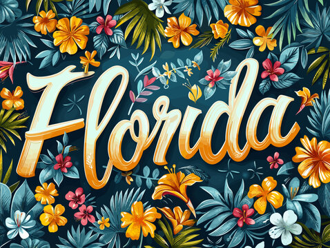Colorful poster of Florida with a tropical theme. The poster is full of leaves and flowers and the word Florida is written in a fancy font