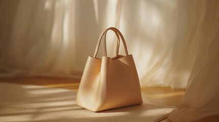 Poster - A light beige leather tote bag sits on a wooden floor with a white sheer curtain behind it, catching the sun's rays.