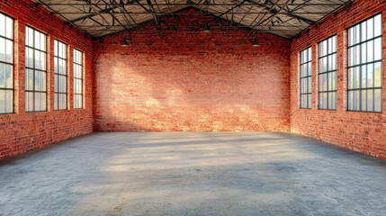 Poster - Spacious empty industrial interior with exposed brick walls and large windows, suitable for creative projects, events, or photography sessions with ample natural light.