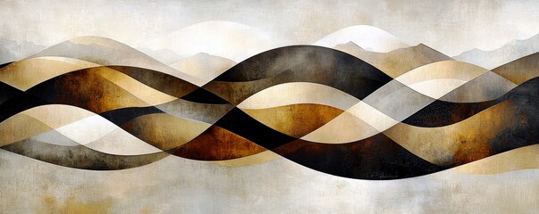 Poster - Abstract Wavy Landscape Illustration in Earthy Tones with Harmonious Flowing Lines and Subtle Mountain Shapes in the Background
