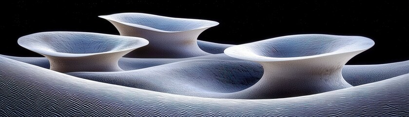 Poster - Abstract Representation of Smooth Sand Dunes with Curvilinear Forms Resembling Bowls Set Against a Dark Background for Modern Art and Design