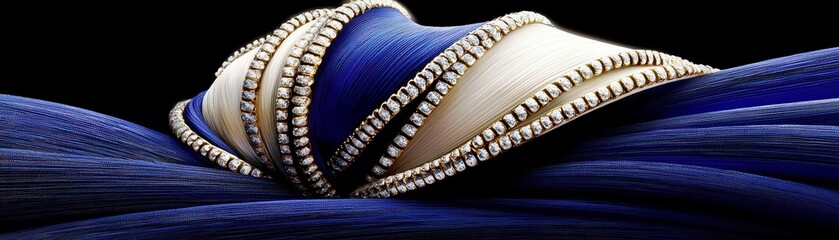 Poster - Elegant Display of Interwoven Textiles with Rich Blue and Cream Tones Highlighting Luxurious Texture and Delicate Shimmering Accents Against a Dark Background