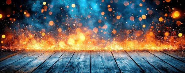Poster - Vibrant Fire and Sparkling Bokeh Background with Wooden Floor, Perfect for Creative Projects, Displays, and Design Concepts