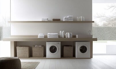 Poster - A minimalist laundry room with two washing machines, a sink, and wooden shelves, set against a window overlooking a garden.