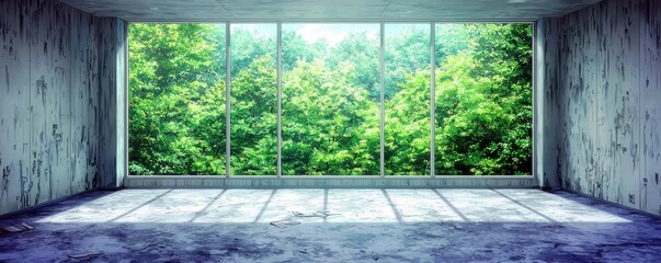 Poster - Bright and Spacious Room with Large Windows Overlooking Lush Green Trees and Nature, Evoking Tranquility and Serenity in an Urban Setting