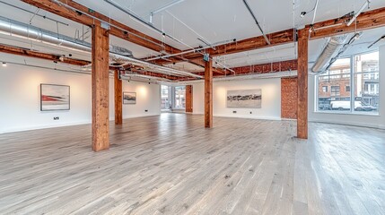 Poster - Spacious and Modern Empty Art Gallery with Exposed Wooden Beams and Bright Natural Light in an Urban Setting, Ideal for Creative Projects and Exhibitions